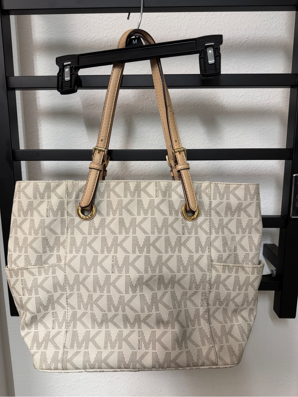 Michael Kors Beige MK Signature Tote with Tan Leather Handles - Picture 2 of 7